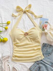 Soleia Canotta da donna con scollo a V, decorazione floreale e fibbia metallica, chiusura sul retro, aderente, tessuto strutturato, adatta per vacanza, appuntamento, tè pomeridiano, vacanza, festival musicali, stile bohémien, matrimonio all'aperto, primavera/estate