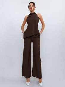 Aloruh Conjunto de Top Halter e Calça em Cor de Café Simples para Uso Diário da Mulher