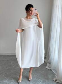 Calvaya Elegant Solid Color 3D Floral Decor Shawl Dress
