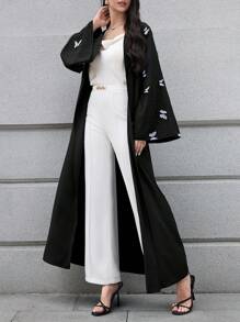 Al Najma Abaya larga de manga larga con estampado de mariposas elegante para mujer, modesta - Negro - Ver 6