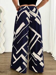 Elenzga Digital Printing Geometric Pattern Elegant Loose Plus Size Wide Leg Pants For Women Fall Cloth For Women
