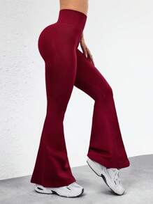 SHEIN Sports Minimalist Fashion Casual Everyday Wine Red Seamless Sports Flared Pants