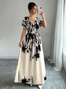 Elenzga Vestido largo con estampado floral, cintura ceñida y escote en V, elegante para primavera/verano/otoño/invierno, ropa de mujer para conciertos, vestidos de noche, apto para uso diario, viajes, temporada de bodas/festivales de música