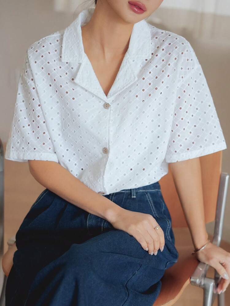 Summer Casual Vacation Hollow Out Lace Collar Short Sleeve Solid Minimalist Linen Lace Shirt For Women Business Casual Women