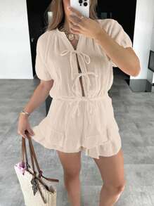 SHEIN Frenchy 女士纯色前系带插肩袖休闲连身裤 - 杏色 - 查看 7