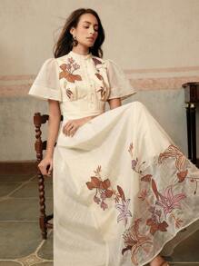 Anewsta Rochie elegantă pentru femei, cu broderie florală, culoarea caise, potrivită pentru banchet, întâlnire, festival, vacanță, primăvară/vară - Caisă - Vizualizare 5