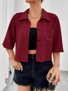 SHEIN EZwear Summer Drop Shoulder Pocket Patched Shirt Without Cami Top Red - Burgundy - View 3