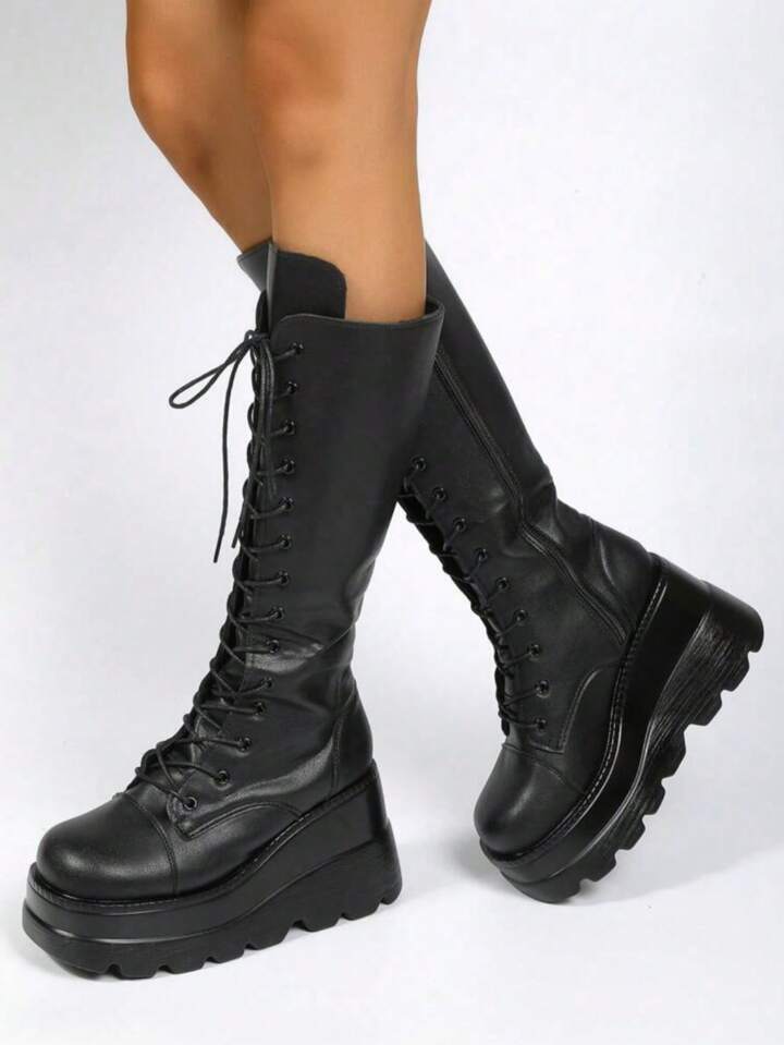Our Grunge Punk Women Lace-Up Front Round Toe Wedge Boots, Cool