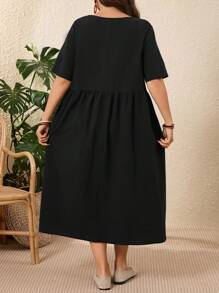 EMERY ROSE Vestido casual de talla grande para mujer de unicolor, cuello redondo, manga corta, con bolsillo y pliegues - Negro - Ver 2