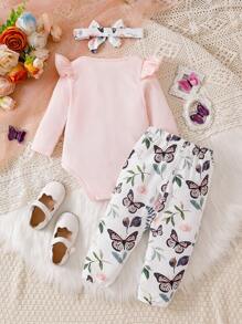 Baby Girl Letter Print Bodysuit & Butterfly Print Pants 2Pcs Set - Pink - View 2