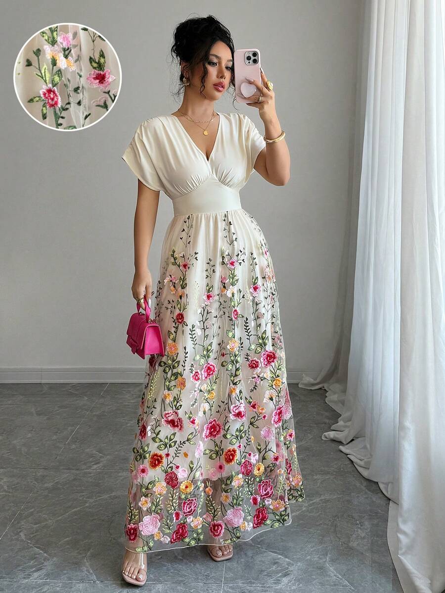 Lyxana Women's V-Neck Batwing Short Sleeve Mesh Embroidered Dress - Apricot - View 1