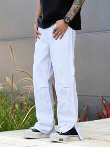 Manfinity Homme Men's White Denim Jeans: Casual Modern Style Long Length With Zipper Details - White - View 1