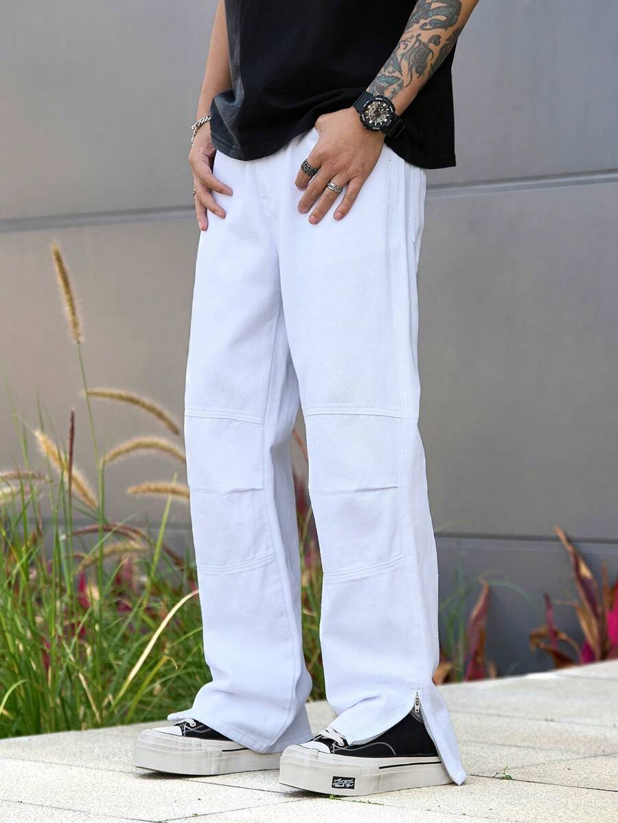 Manfinity Homme Men's White Denim Jeans: Casual Modern Style Long Length With Zipper Details - White - View 1