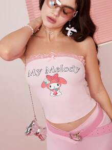 HELLO KITTY AND FRIENDS | SHEIN Women's Tight Sweet Contrast Lace Bow Decor Pink Ribbed Fabric Cartoon Casual Cute Print Tube Top, Comfortable For Summer - Pink - View 1