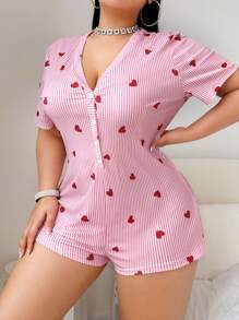 SHEIN Macaquinho Curto de Manga Curta com Estampa de Coração Listrada Plus Size Sexy