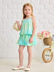 SHEIN Bộ 2 áo yếm ombre và quần short nhún cho bé gái - Màu Hồng Tươi - Xem 4