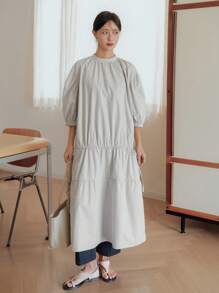 Dazy-Less Abito estivo casual da donna, dritto, in tessuto a blocchi di colore, con colletto alto, coulisse con lacci in vita, lunghezza midi