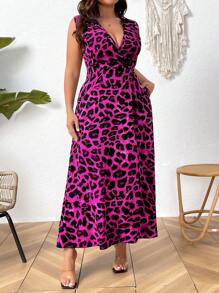 SHEIN Clasi Plus Size Women Leopard Print Sleeveless Turndown Collar Cinched Waist Maxi Dress - Hot Pink - View 7