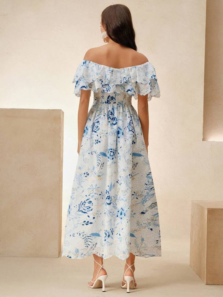 Women's Elegant Beach Vacation Off Shoulder Ruffle Trim Hollow Floral Embroidered Midi Dress, Festival Going Out Outfits, Spring/ Summer