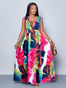 SOLERSUN Women's Plus Size Simple Everyday All Over Print Deep-V Neck Sleeveless Long Dress (Random Printing) - Hot Pink - View 6