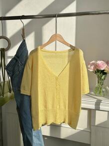 Comfortcana Plus Size Women's Solid Color Short Sleeve Single-Breasted Lightweight Cardigan - Yellow - View 4