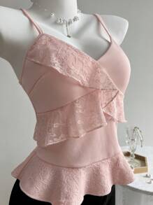 Elamini Women's Contrast Lace Ruffle Trim Camisole - Pink - View 6