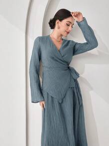 Veilorie 女士纯色裹身系腰长袖衬衫和裙子套装（2件套） - 藍色 - 查看 3