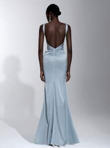 Elitara Elegante, romántico y sexy vestido de sirena azul de satén con decoración de encaje 3D floral, sin mangas, sin tirantes, hombros descubiertos y espalda descubierta, adecuado para fiestas de cumpleaños, eventos de boda y dama de honor