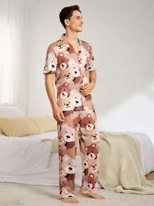 男士卡通熊单排扣短袖上衣和裤子睡衣套装 - 彩色 - 查看 3