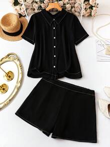 SHEIN LUNE Elegant Commute & Vacation Style Simple Casual Women's Fashion Versatile Comfortable Fabric Shirt Collar Short Sleeve Button-Up Shirt Top With Elastic Waist Shorts Set, Black & White, Plus Size, Spring/Summer/Autumn - Black and White - View 1