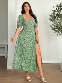 SHEIN Holidaya Đầm dự tiệc đi biển thường ngày cổ vuông tay ngắn họa tiết hoa cỡ lớn xẻ tà chữ A - màu xanh lá - Xem 6