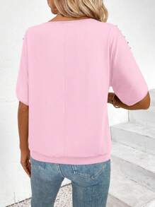 EMERY ROSE Women's Off Shoulder Solid Color Short Sleeve Round Neck Minimalist & Fashionable Summer T-Shirt - Pink - View 2