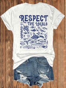 Flirla 大码女式字母印花圆领短袖宽松休闲 T 恤 - 白色 - 查看 2