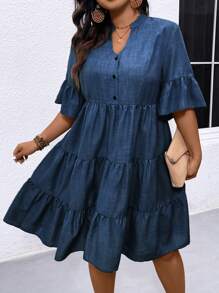 EMERY ROSE Plus Size Vacation Casual Solid Color Notch Neck Dress - Royal Blue - View 4