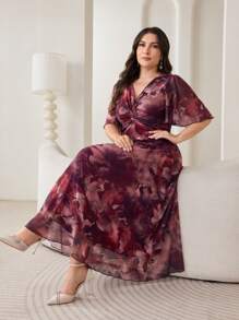Modelyn Plus Size Women Floral Print Twist Front Short Sleeve Elegant Midi Dress - Red Violet - View 4