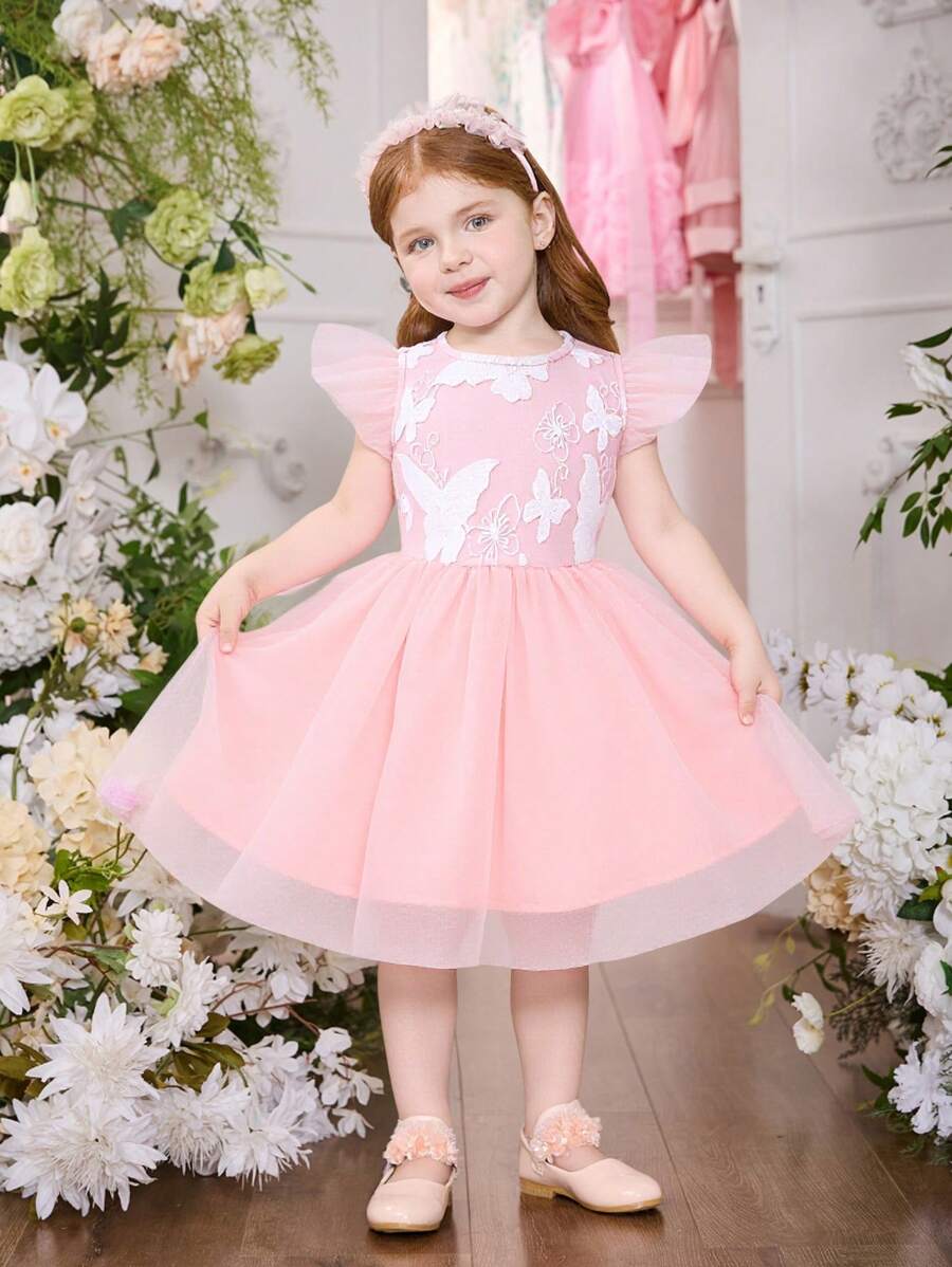 Glamorique Kids 女宝宝春夏蝴蝶刺绣薄纱盖袖公主可爱圆领连衣裙 - 粉色 - 查看 1