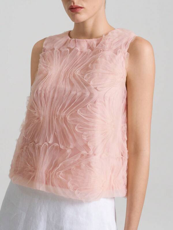 Ontre Women's Pink Semi-Sheer Woven Fabric Sleeveless Round Neck Casual Tank Top With Regular Hem And Unique Textured Design