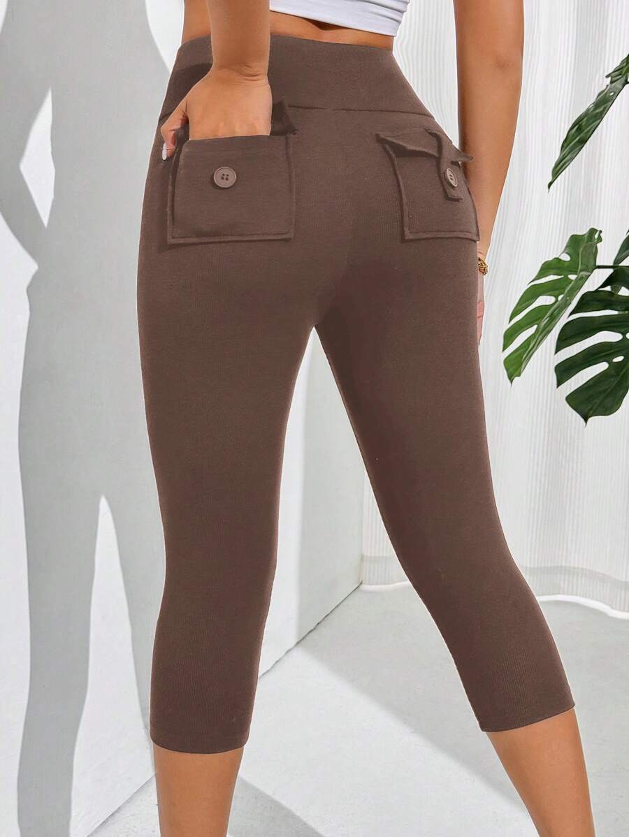 SHEIN Essnce Quần legging cạp rộng màu trơn có túi gấp dài 3/4 cho nữ - Màu nâu Mocha - Xem 1