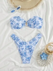 Swim Mod 2pcs Summer Beach Holiday Strapless Cropped Top With Circle Pendant Decor & Bikini Set