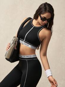 VARSIVA Women Letter Knit Panel Zipper Front Yoga Sports Bra, Everyday Wear - Black and White - View 4