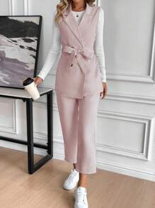 SHEIN Clasi Women's Long Vest With Tie Waist, Minimalist Suit Set - Pink - View 3