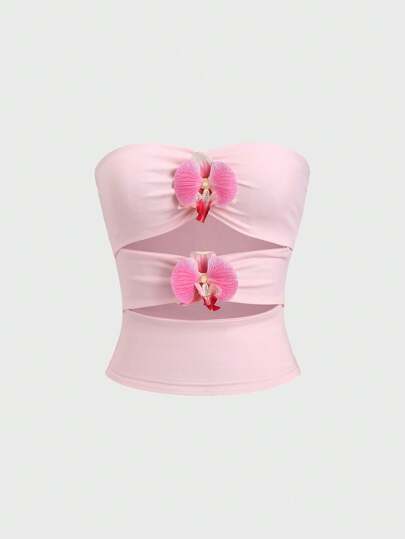 Sweetra 全新 Y2K 风格花朵图案褶皱腰修身短款抹胸女式