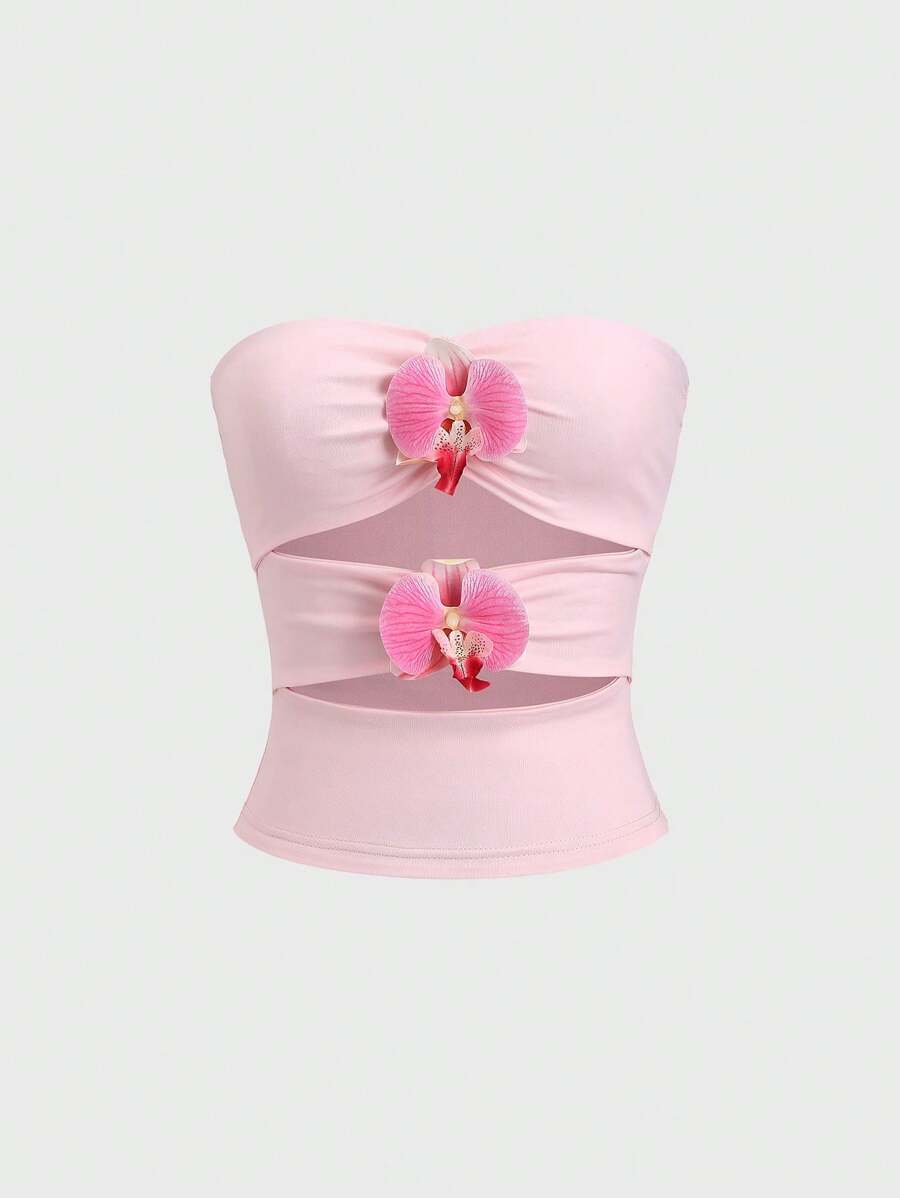 Sweetra 全新 Y2K 风格花朵图案褶皱腰修身短款抹胸女式 - 淺粉色 - 查看 1