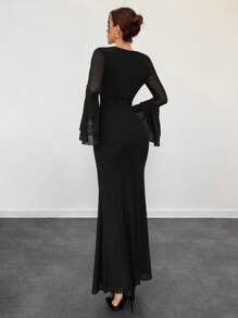 Aloruh Women's Solid Color Deep V-Neck Double-Layer Ruffle Flared Sleeve Fitted Long Mesh Dress, Autumn/Winter - Black - View 2