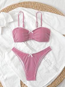 Swim Mod 2pcs/Set Women Summer Striped Print Ruffle Trim Bowknot Bikini Bathing Suit - Red - View 1