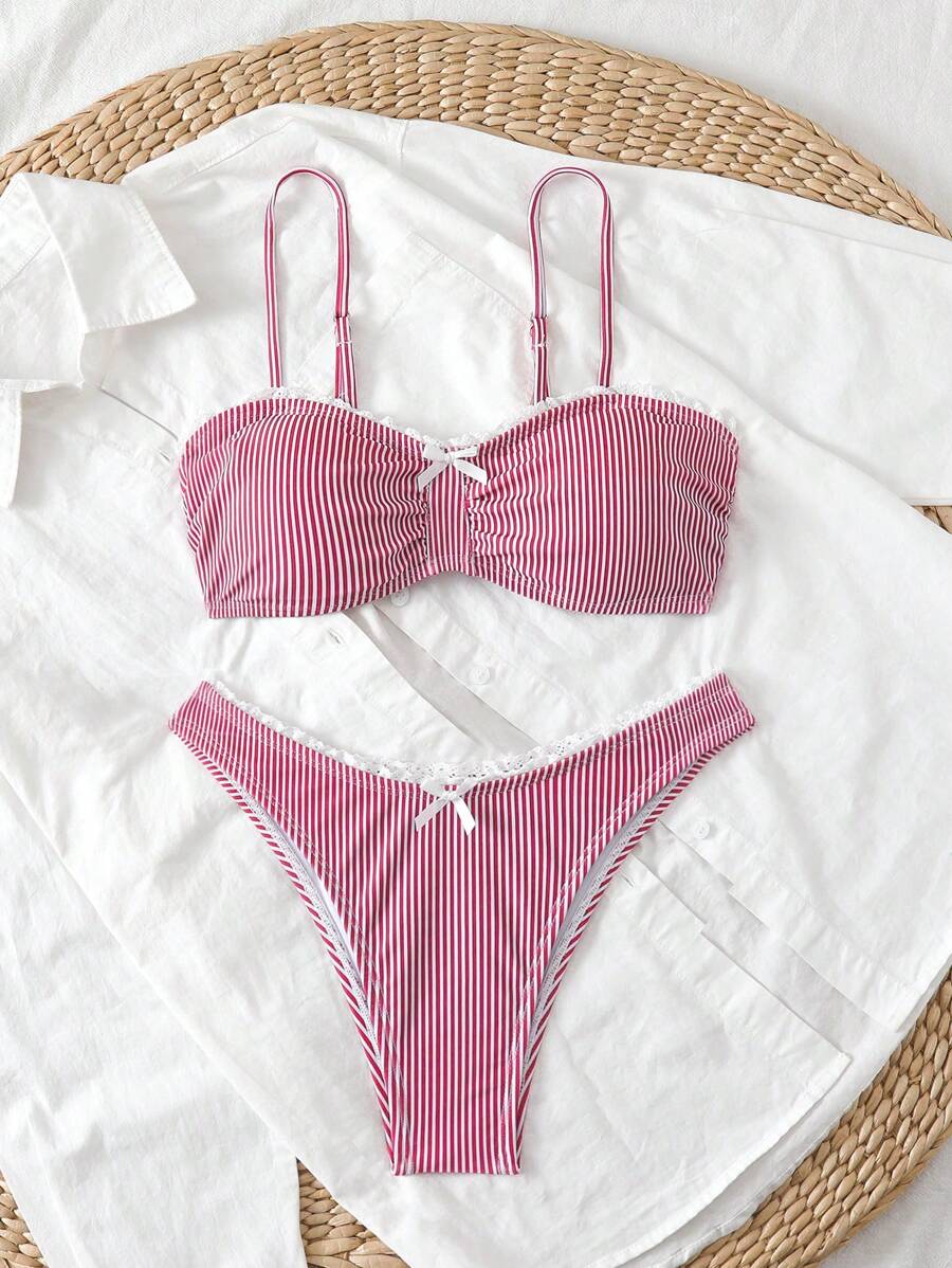 Swim Mod 2pcs/Set Women Summer Striped Print Ruffle Trim Bowknot Bikini Bathing Suit - Red - View 1