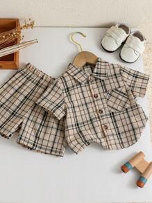 Souflis Souflis Baby Boy Vintage Brown-Black Plaid Short Sleeve Shirt And Shorts Set, Retro Minimalist Style, Suitable For And Summer
