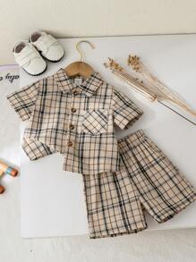 Souflis Souflis Baby Boy Vintage Brown-Black Plaid Short Sleeve Shirt And Shorts Set, Retro Minimalist Style, Suitable For And Summer