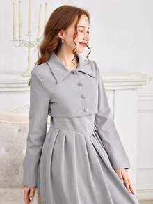 Teen Girls (Girl) 2Pcs Set: Elegant Vintage Woven Pleated Midi Dress & Retro Lapel Short Sleeve Jacket, Autumn/Winter - Grey - View 3