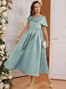 SHEIN Pregnant Women's Solid Color Ruched Off Shoulder Elegant Maternity Dress - Mint Green - View 5